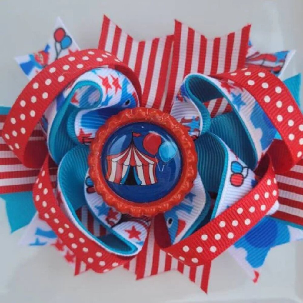 Circus Tent Turquoise Red White Blue Bottle Cap Hair Bow 5"